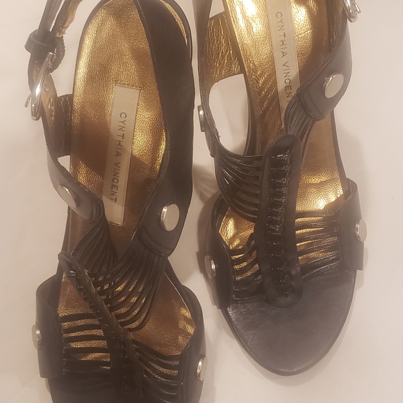 Cynthia Vincent strappy stiletto pump open toe size 7 black leather - Picture 6 of 8